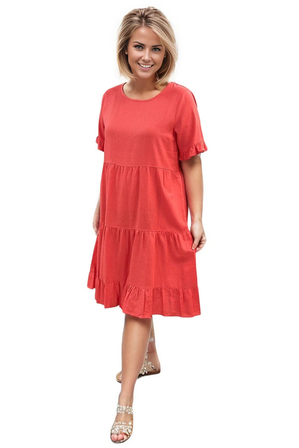 Dress Multiples Linen Tiered Dress in Coral Multiples Clothing Co.