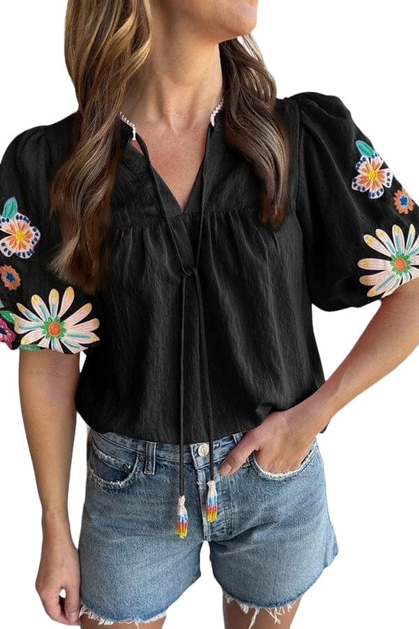 Tops Embroidered Tie Neck Half Sleeve Blouse Trendsi