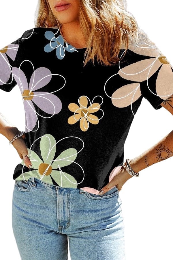 Tops Flower Power Round Neck Short Sleeve T-Shirt in Black Trendsi