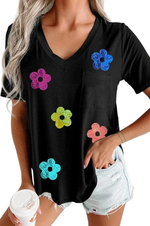 Tops Sequin Flower T-Shirt in Black Trendsi