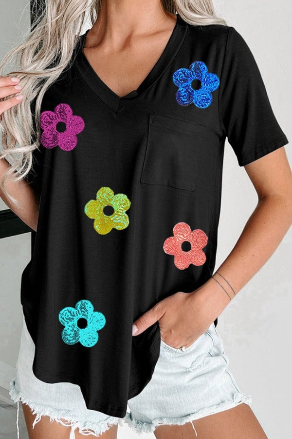 Tops Sequin Flower V-Neck Short Sleeve T-Shirt Trendsi