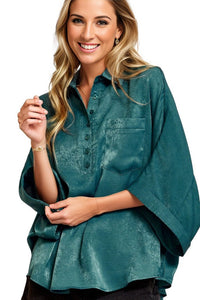 tops Thea Oversized Collared Shirt in Teal S/M / Teal Andre By Unit