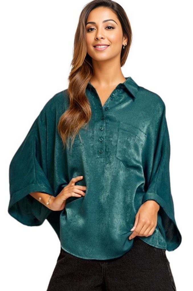 tops Thea Oversized Collared Shirt in Teal Andre By Unit
