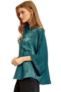 tops Thea Oversized Collared Shirt in Teal Andre By Unit