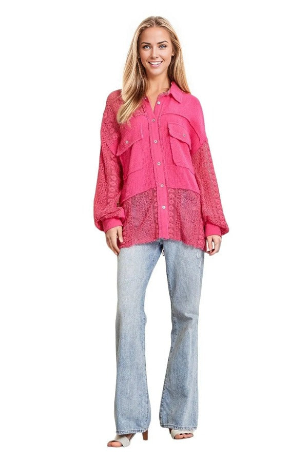 tops Andree By Unit Daphne Lace Shirt in Hot Pink Andree By Unit