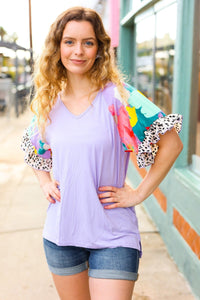 Adorable Lavender Abstract & Animal Print Ruffle Sleeve Top Beeson River