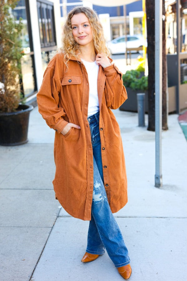 On Your Terms Camel Fleece Button Down Duster Jacket BIBI
