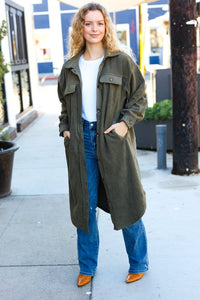 On Your Terms Olive Fleece Button Down Duster Jacket BIBI