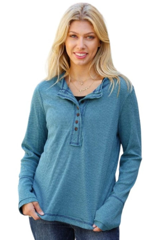 Going My Way Teal Contrast Stitch Henley Top Ces Femme