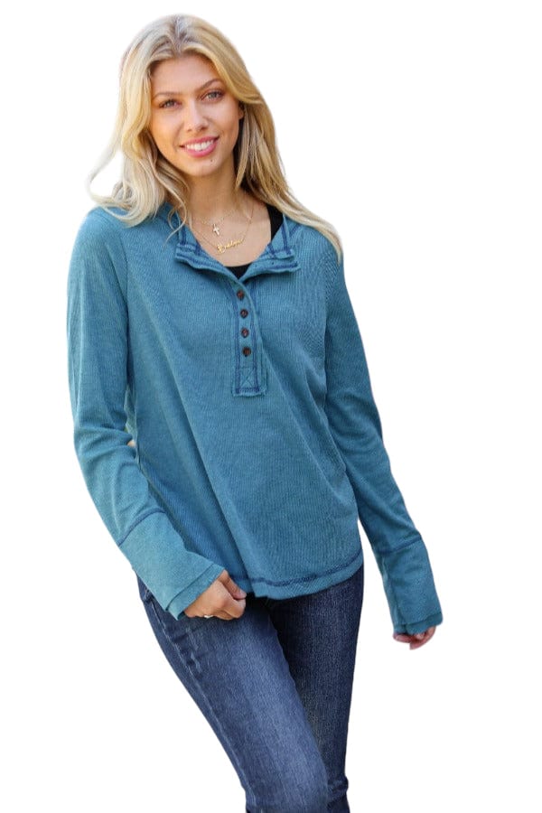 Going My Way Teal Contrast Stitch Henley Top Ces Femme