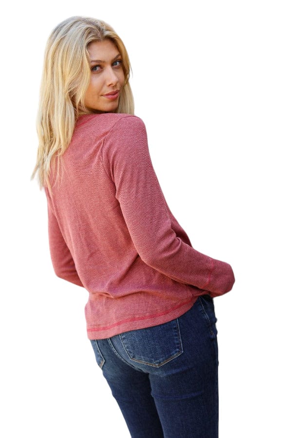 tops Going My Way Rust Contrast Stitch Henley Top Ces Femme
