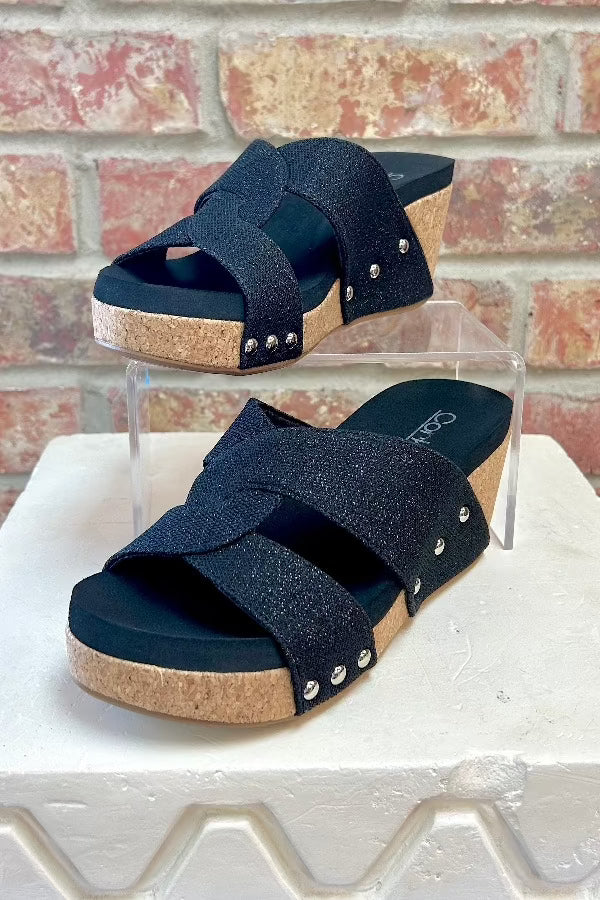 Shoes Corkys Bonny Wedge Sandal in Black Shimmer Corkys Footwear