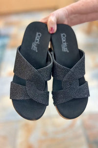 Shoes Corkys Bonny Wedge Sandal in Black Shimmer Corkys Footwear
