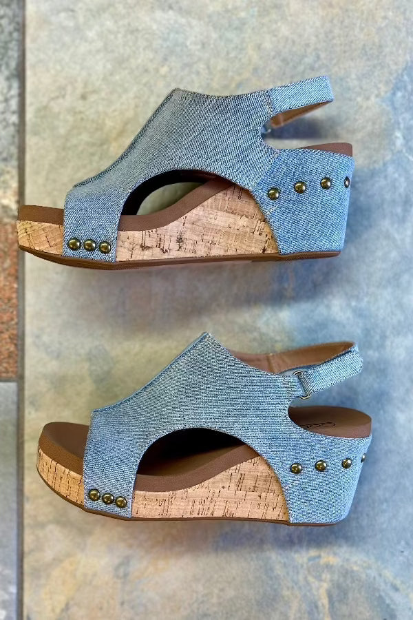 Shoes Corkys Carley Cork Wedge Sandal in Blue Denim Corkys Footwear