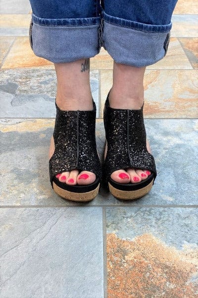 Shoes Corkys Carley Wedge Sandal in Black Glitter-2 Corkys Footwear