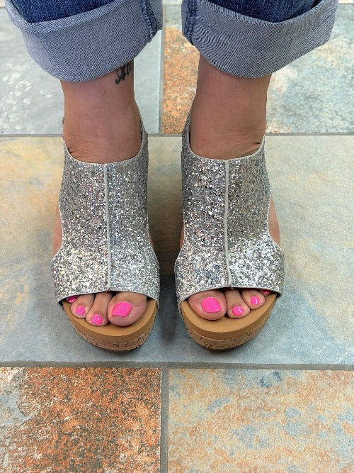 Shoes Corkys Carley Wedge Sandal in Silver Glitter Corkys Footwear