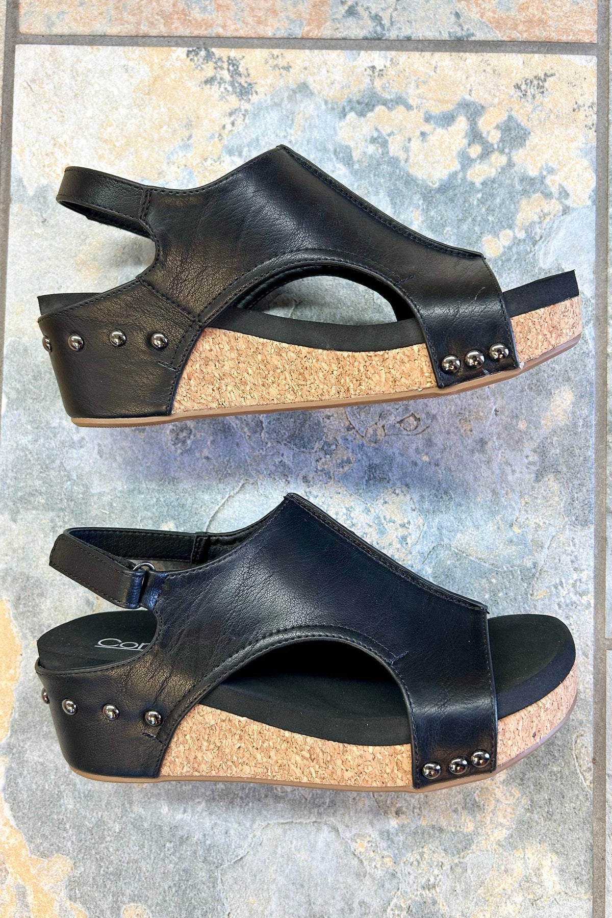 Shoes Corkys Volta II Wedge Sandal in Black Smooth Corkys Footwear