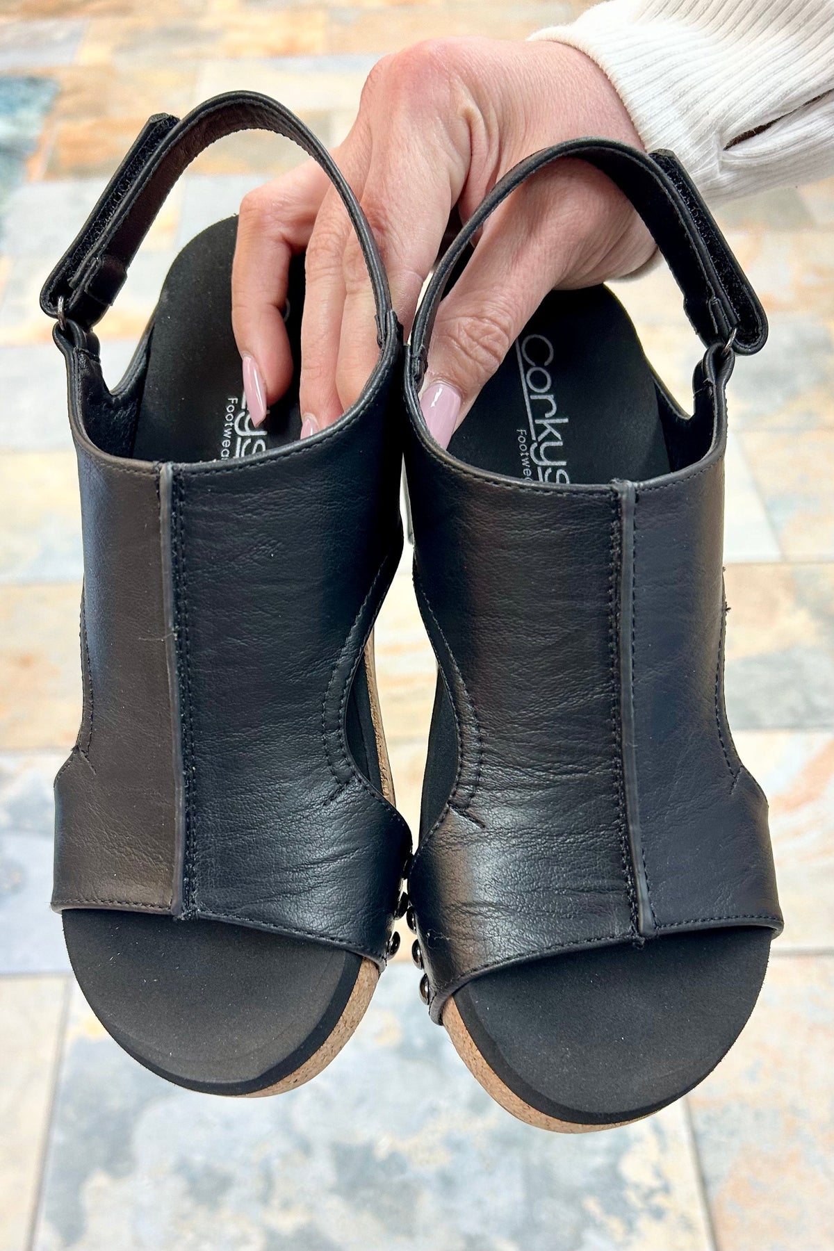 Shoes Corkys Volta II Wedge Sandal in Black Smooth Corkys Footwear