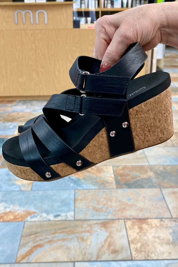 Wedge Sandal Corkys Giggle Wedge Sandal in Black Corkys Footwear