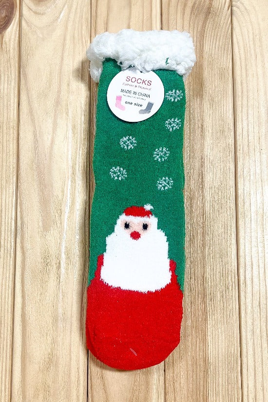 Green Santa Sherpa Traction Bottom Slipper Socks One Size Fits All Fashion & Classical