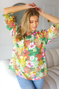 All For You Green Floral Print Frill Smocked Top Haptics