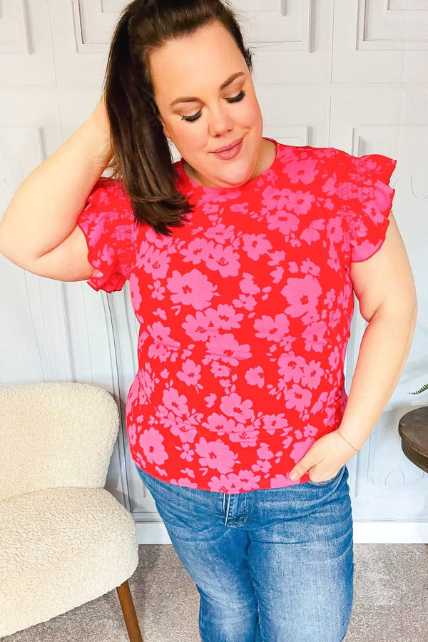 All The Frills Red & Fuchsia Floral Smocked Ruffle Sleeve Top Haptics