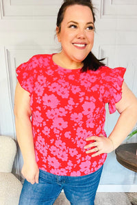 All The Frills Red & Fuchsia Floral Smocked Ruffle Sleeve Top Haptics