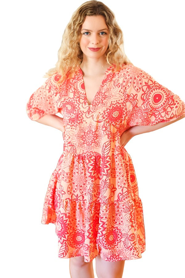 All You Need Peach & Coral Boho Floral V Neck Dress Haptics