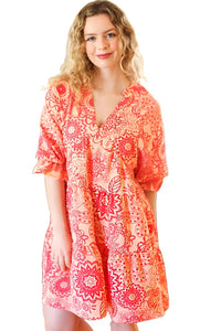 All You Need Peach & Coral Boho Floral V Neck Dress Haptics