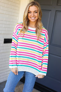 Bold & Sassy Fuchsia Multi Stripe Pullover Sweater Haptics