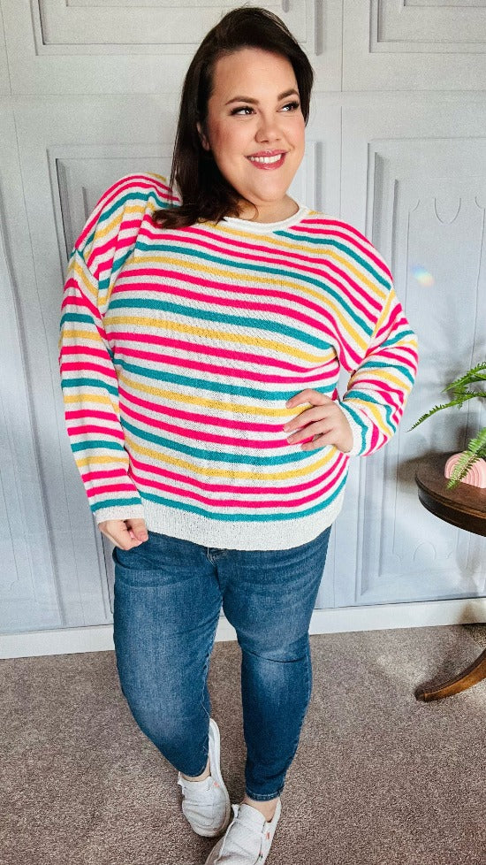 Bold & Sassy Fuchsia Multi Stripe Pullover Sweater Haptics