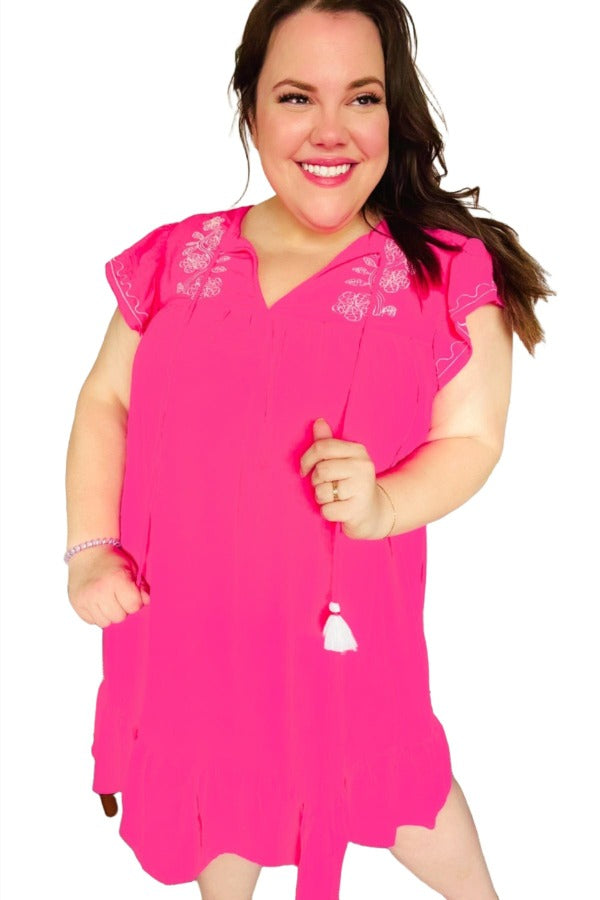 Bright Thoughts Hot Pink Embroidered Notched Neck Tassel Dress Haptics