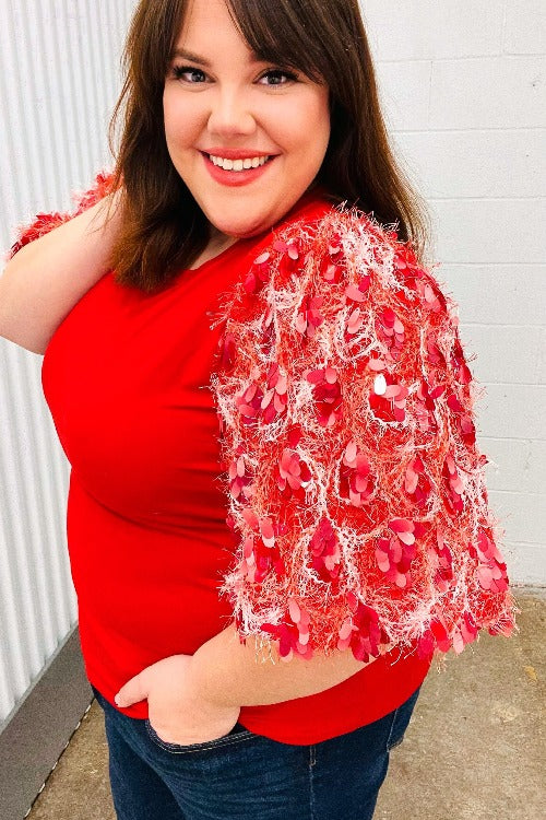 Come To Me Red Sequin Puff Short Sleeve Top Haptics