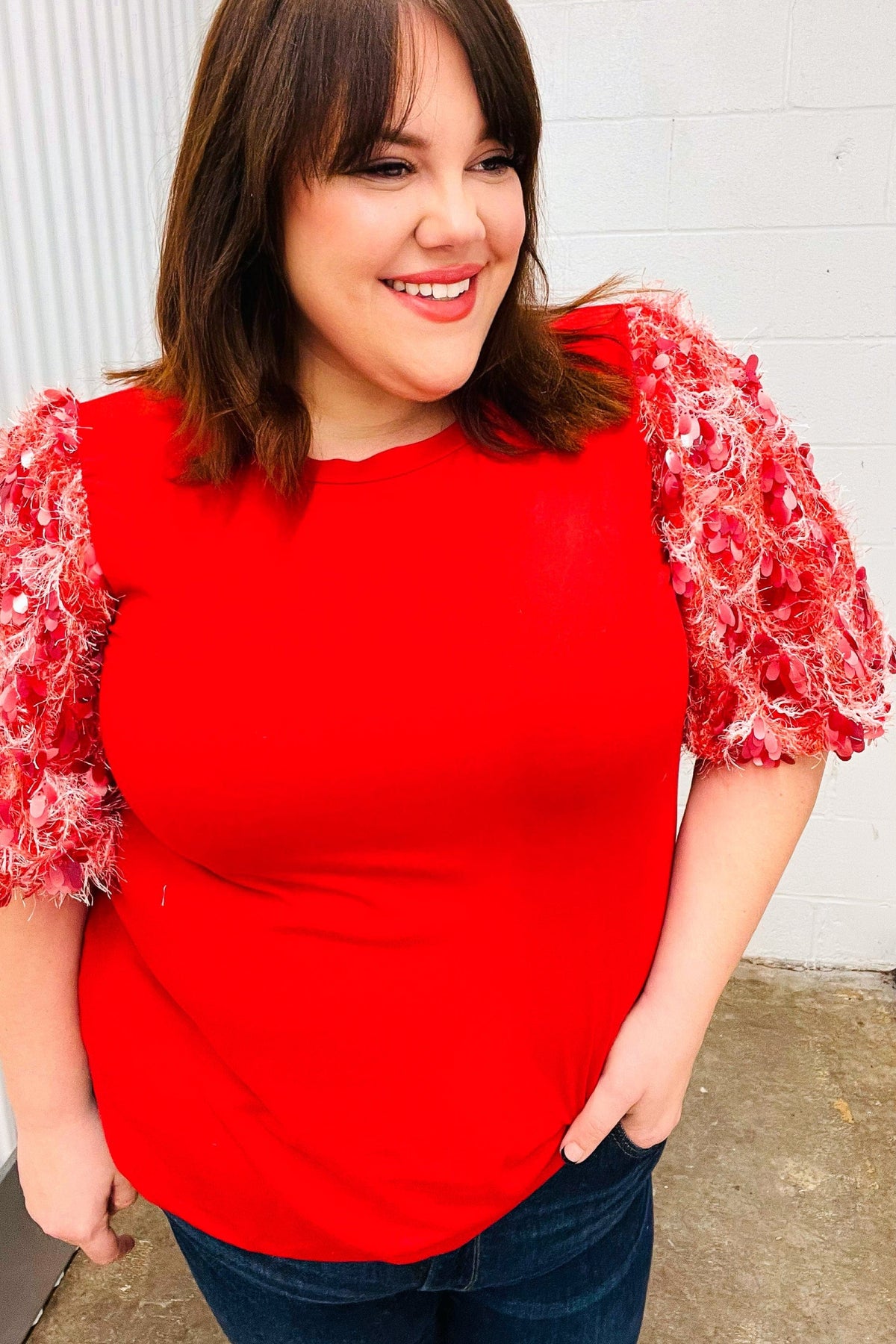 Come To Me Red Sequin Puff Short Sleeve Top Haptics