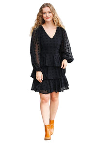 Dress Holiday Vixen Black Chiffon Swiss Dot V Neck Tiered Ruffle Dress Haptics