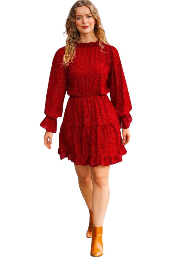 Dress Simply Merry Burnt Red Animal Print Mock Neck Tiered Dress Haptics