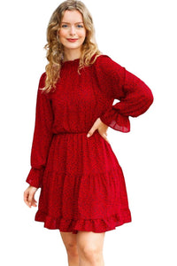 Dress Simply Merry Burnt Red Animal Print Mock Neck Tiered Dress Haptics