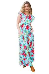 Dress Aqua Floral Fit & Flare Maxi Dress Small / Aqua Haptics