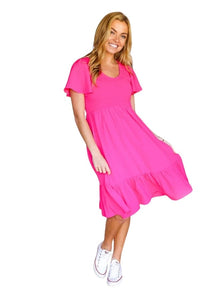 Dress Smocked Dress with Flutter Sleeves in Fuchsia Haptics