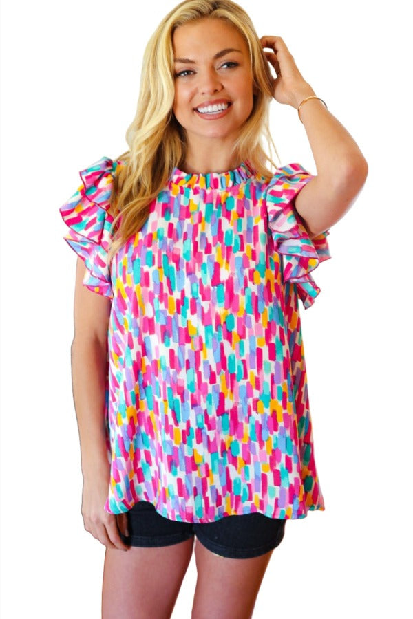 Eyes On You Multicolor Abstract Print Mock Neck Flutter Sleeve Top Haptics