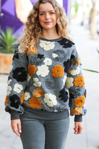 Feeling Joyful Grey & Camel Embroidered Sherpa Flower Pullover Haptics