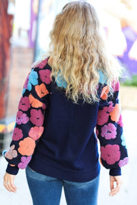 Feeling Joyful Navy & Fuchsia Embroidered Sherpa Flower Pullover Haptics