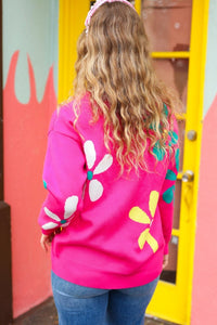 Flower Power Hot Pink Daisy Jacquard Pullover Sweater Haptics