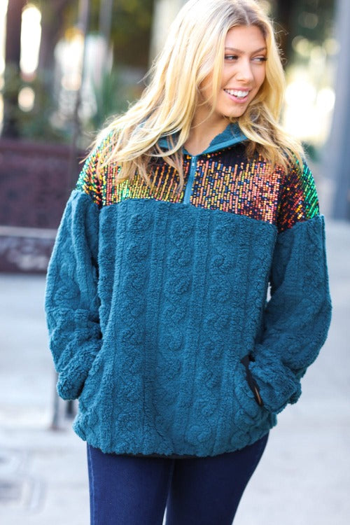 Going With You Teal Sequin & Sherpa Half Zip Pullover Haptics