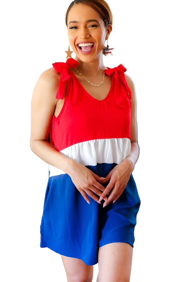 Holiday Ready Red White & Blue Color Block Shoulder Tie Romper Haptics