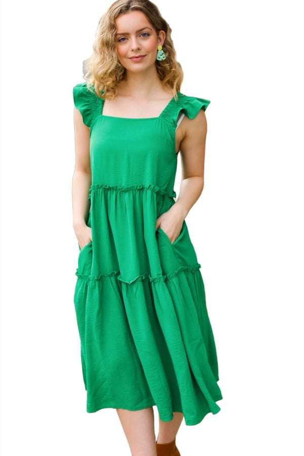 Lots To Love Kelly Green Smocked Flutter Sleeve Tiered Midi Dress Haptics