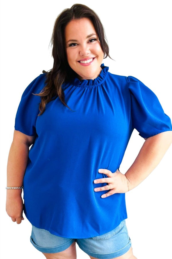 Lovely In Holiday Blue Frill Mock Neck Woven Top Haptics