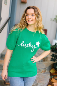 Lucky Lady Shamrock Green Sequin Puff Sleeve Knit Top Haptics