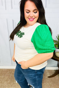 Lucky Sequin Clover Oatmeal Cable Knit Puff Sleeve Top Haptics