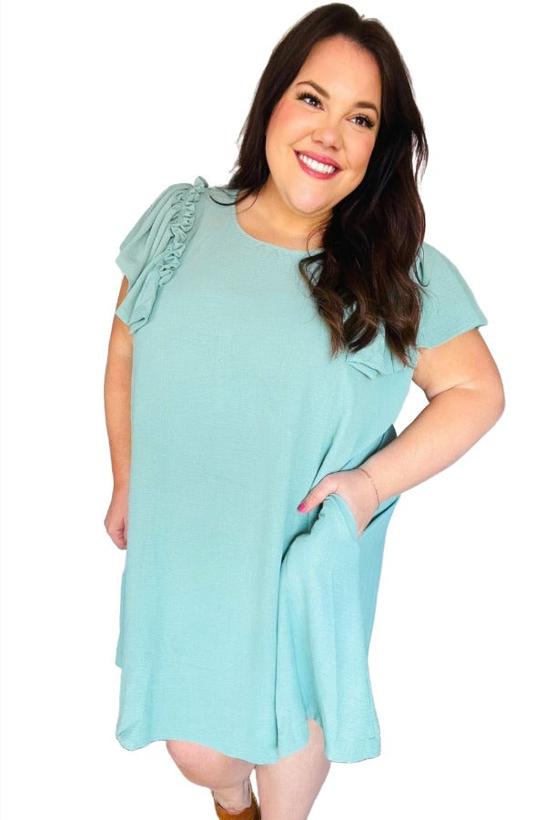 Out For The Day Sage Crinkle Woven Ruffle Sleeve Dress Haptics
